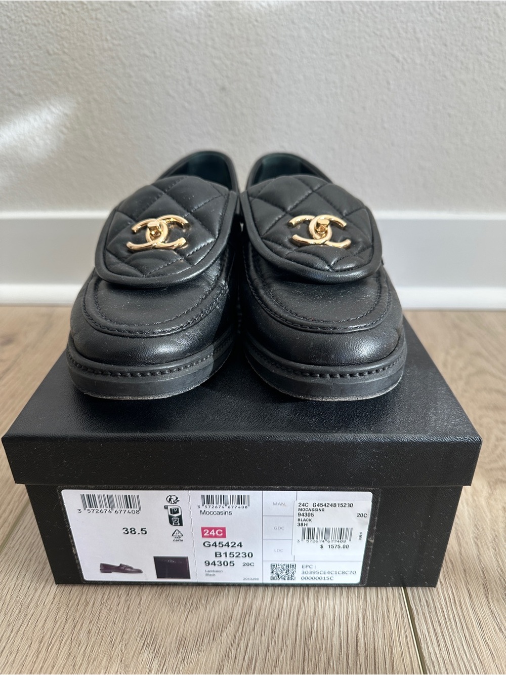 CHANEL Black Quilted Leather Loafers with Gold CC Emblem